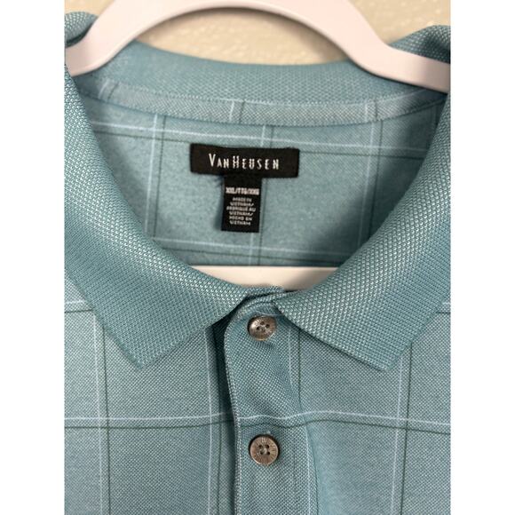 Van Heusen Sz XXL Light Blue Plaid Polo Style Collared Short Sleeve Men’s Shirt - Picture 2 of 7